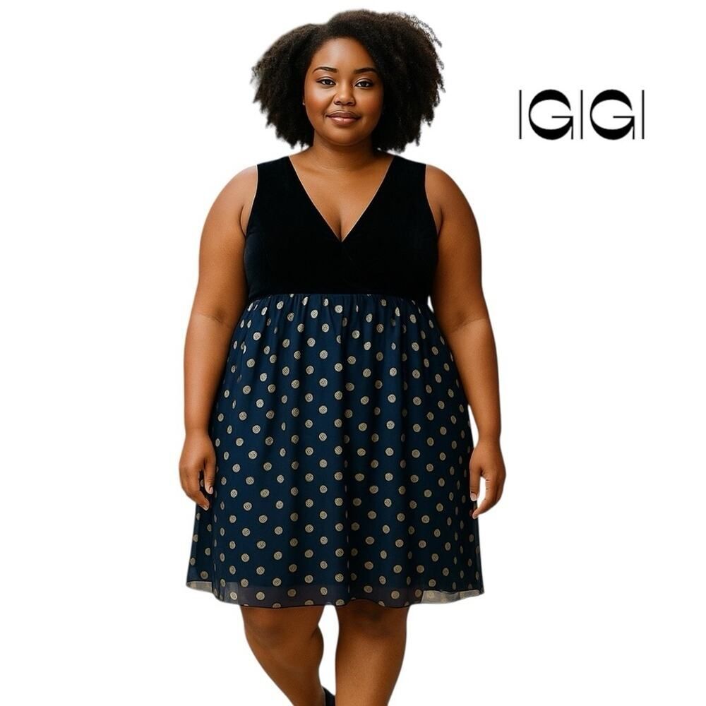 IGIGI Black Metallic Gold Polka Dots Dress NWT Size 34 Party Event Glam